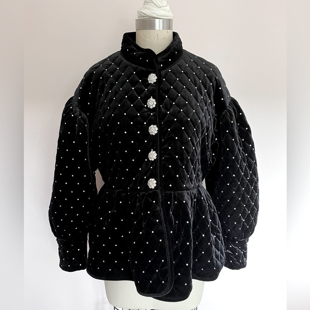 Black Quilted Velvet Rhinestone Studded Jacket